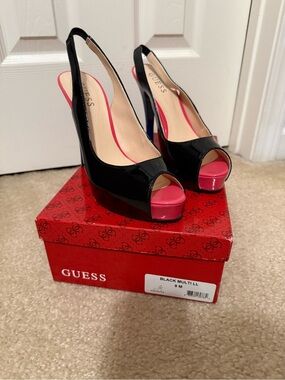 GUESS Black Patent Peep-Toe Slingback Heels with Pink and Blue Accents